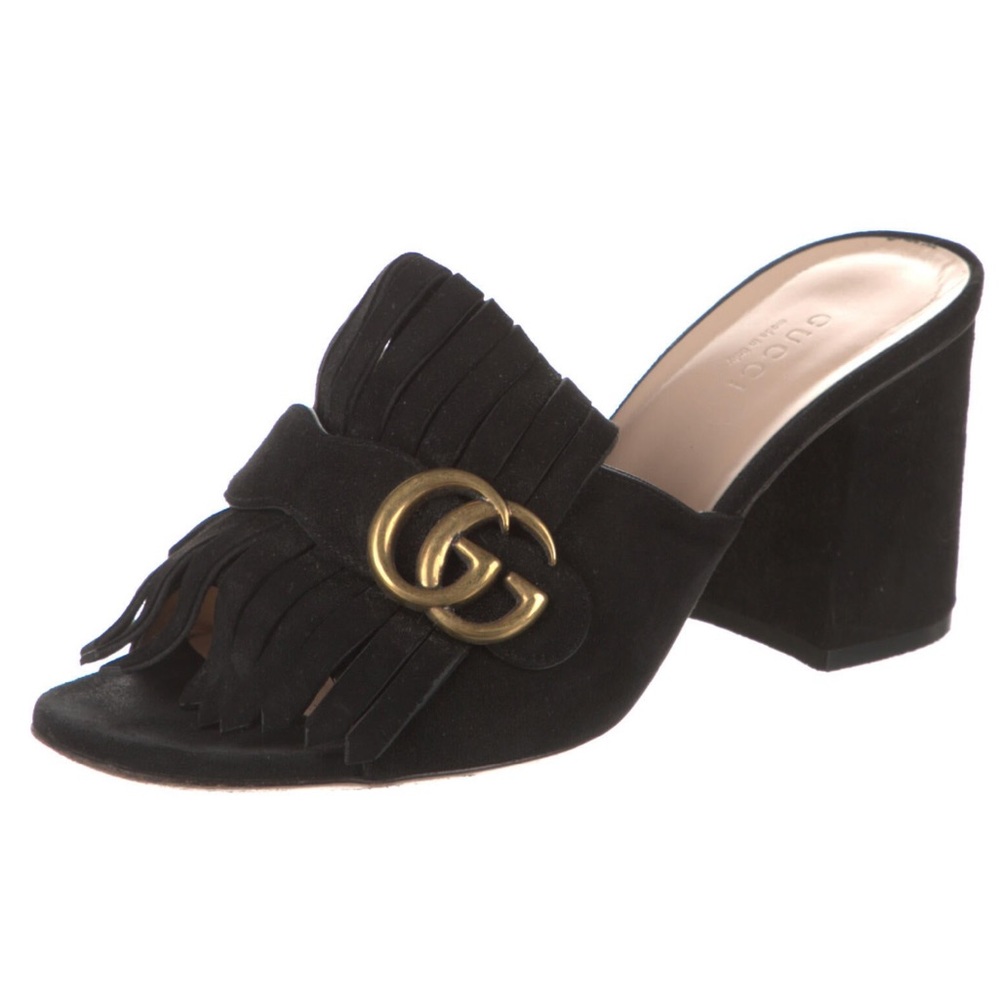 Gucci Marmont Suede Fringe Slides Black 38